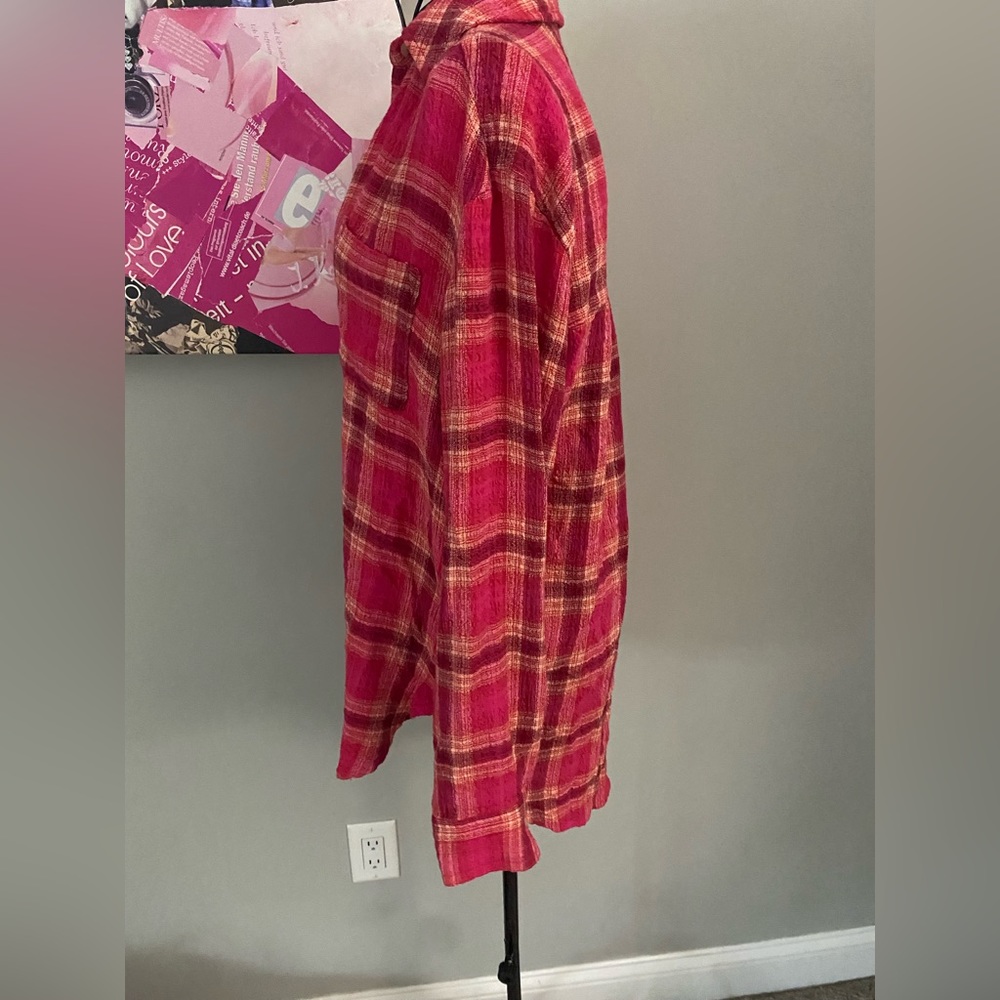 Anthropologie Pilcro Seamed Red Hot Pink Plaid Button Down Woman’s Tunic Size XS - Picture 4 of 7